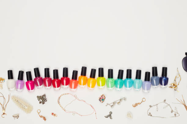 istock concept, manicure with nail polish, pedicure on white background, copy space, Flat Lay 1276934136