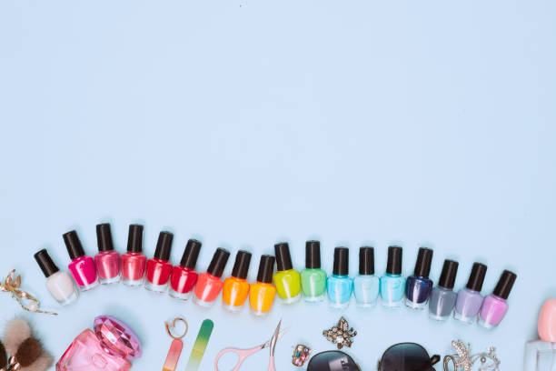 istock concept, manicure with nail polish, pedicure on blue background, copy space, Flat Lay 1276934143