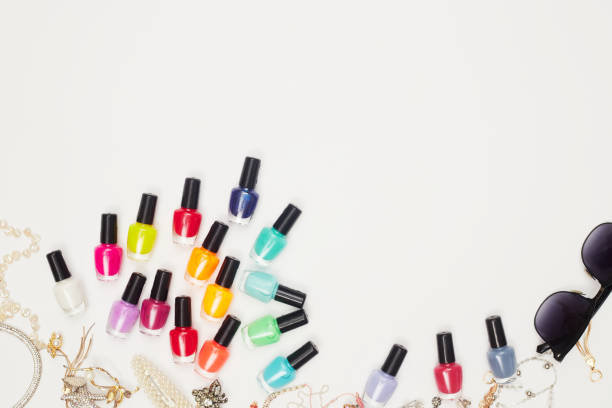 istock concept, manicure with nail polish, pedicure on white background, copy space, Flat Lay 1276934153