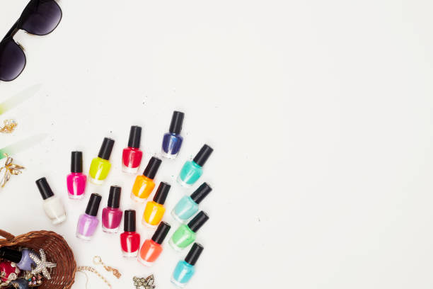 istock concept, manicure with nail polish, pedicure on white background, copy space, Flat Lay 1276934173