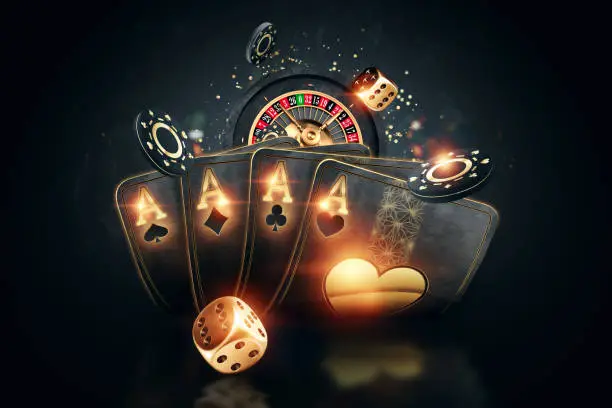 Creative poker template, background design with golden playing cards and poker chips on a dark background. Casino concept, gambling, header for the site. Copy space, 3D illustration, 3D render