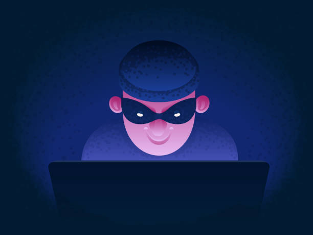 Internet fraud. Hacker behind a laptop monitor. Phishing and online surveillance. Identity theft and hacking of bank Internet fraud. Hacker behind a laptop monitor. Phishing and online surveillance. Identity theft and hacking of bank cards and email. Cyber crime. Vector illustration in cartoon style identity theft stock illustrations