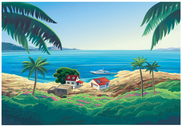 ilustrações, clipart, desenhos animados e ícones de paisagem marinha com uma casa e uma praia no mar. - cruise travel beach bay