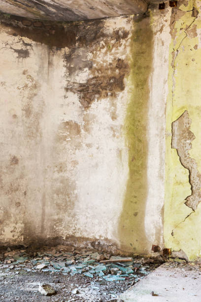istock Background concrete wall, traces of weathering, worn wall damaged paint old paint. Remains of old paint on the painted concrete surface. Grungy destruction surface. 1276943473