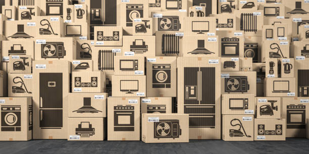 Household appliances and kitchen electronics in cardboard boxes in warehouse. Online purchase, shopping  and delivery concept. Household appliances and kitchen electronics in cardboard boxes in warehouse. Online purchase, shopping  and delivery concept. 3d illustration electronics store stock pictures, royalty-free photos & images