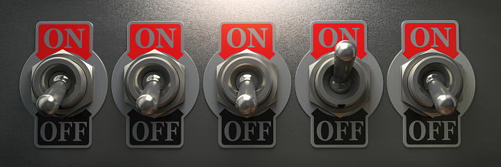 Row of retro toggle switch in OFF position and one in ON position on metal background. 3d illustration