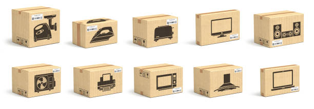 set of cardboard box with appliances and household kitchen electornics isolated on white background. - torradeira ilustrações imagens e fotografias de stock