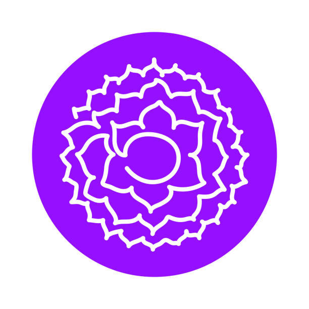 サハスララのアイコン。7冠、頭頂チャクラ。ベクトル紫色の線のシンボル。神聖なしるし。瞑想 - chakra yoga lotus meditating点のイラスト素材／クリップアート素材／マンガ素材／アイコン素材