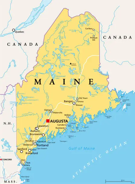 Vector illustration of Maine, ME, political map, The Pine Tree State, Vacationland