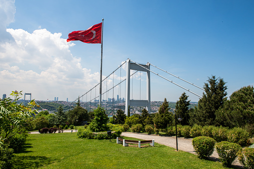 Istanbul Fatih Sultan Mehmet bridge and the Turkish flag