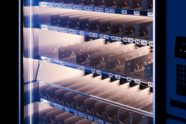 istock Close Up Of Modern Realistic Vending Machine With Illuminated Empty Shelves. 3d rendering. Minimalism concept 1276951057