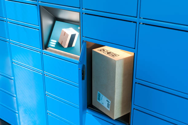 Close up Of Light Blue Self-Service Post Terminal Machine With Touchscreen Monitor and Open Locker With Parcel Inside. Parcel In Cardboard Package. 3d rendering stock photo