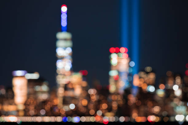 Bokeh Shot of Tribute in Light Defocused shot of Tribute in Light, the Freedom Tower and Lower Manhattan on 9/11 to the struggle against world terrorism statue photos stock pictures, royalty-free photos & images