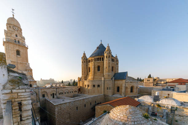 istock Wide view on the Dormitsion abbey in Jerusalem at sunset 1276955593