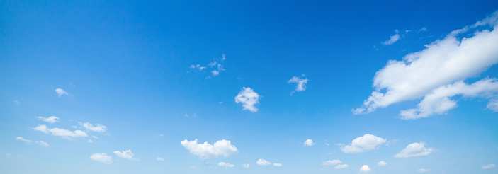 A panoramic skyscape with various clouds on a summer day.