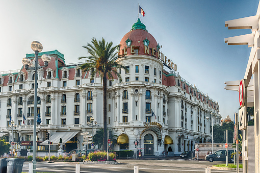 NICE, FRANCE - AUGUST 11: The iconic luxury Hotel Negresco, located on the Promenade des Anglais, Nice, Cote d'Azur, France, as seen on August 11, 2019
