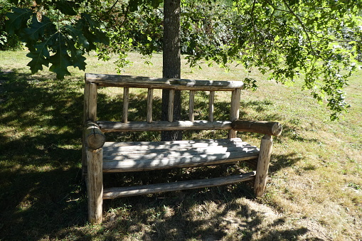 in the middle of summer wooden bench under a tree and from this bench you can admire the landscape in peace