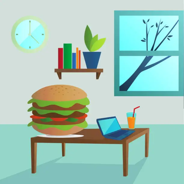 Vector illustration of Desk with a laptop and a hamburger