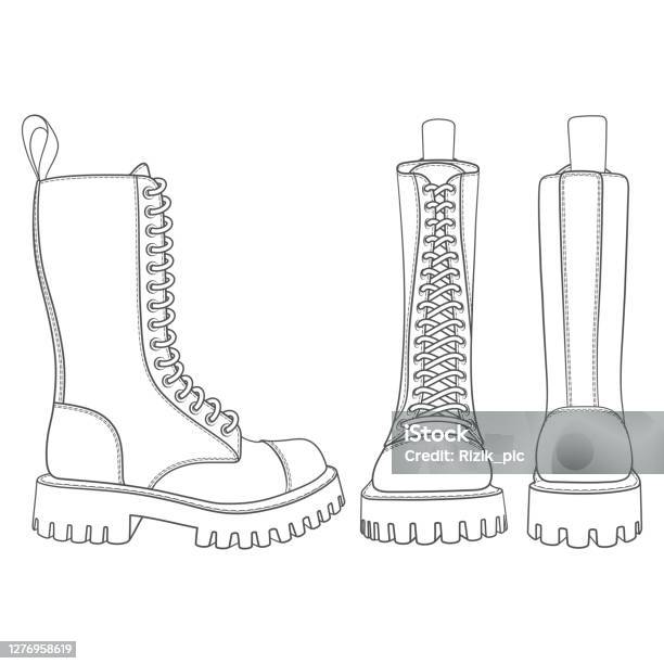 Set Of Black And White Illustrations With Boots High Boots With Laces  Isolated Vector Objects On White Stock Illustration - Download Image Now -  iStock