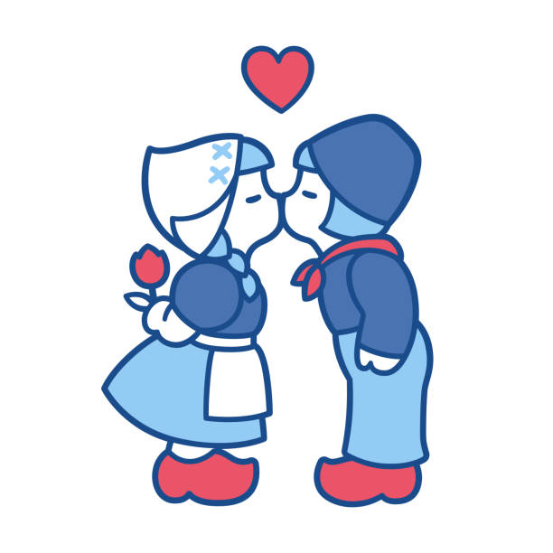 ilustrações, clipart, desenhos animados e ícones de delft blue casal de beijos - couple love old fashioned traditional culture