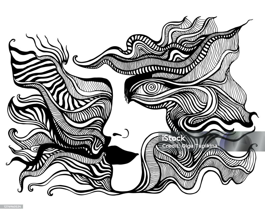 Black And White Psychedelic Face With Spiral Eye Of Crazy Patterns Coloring  Page Fantastic Art With Ornamental Person Surreal Doodle Card Trippy Cartoon  Maze Ornament Background Vector Hand Drawn Illustration Stock Illustration -