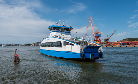 Gothenburg, Sweden - August 06 2020: Electric passenger ferry Elvy ( MMSI 265810550) approaching Stenpiren.