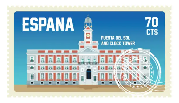 Vector illustration of Spain Stamp, Puerta del Sol and Clock Tower