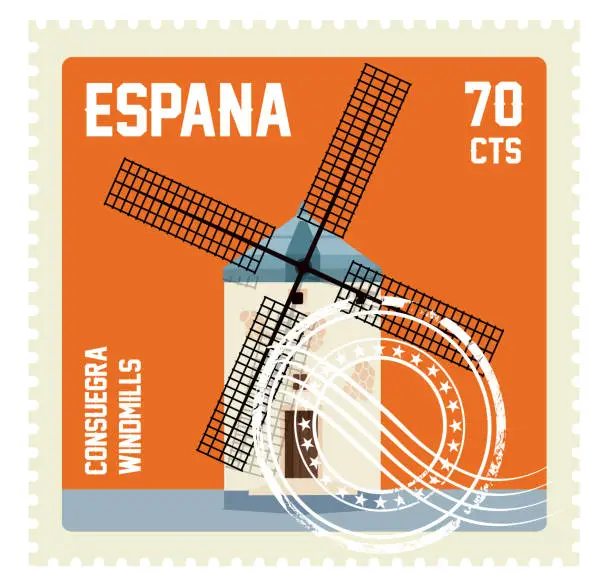 Vector illustration of Spain Stamp, Consuegra Windmills