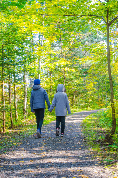 istock Two kids walking in forest path during day of autumn 1276961246