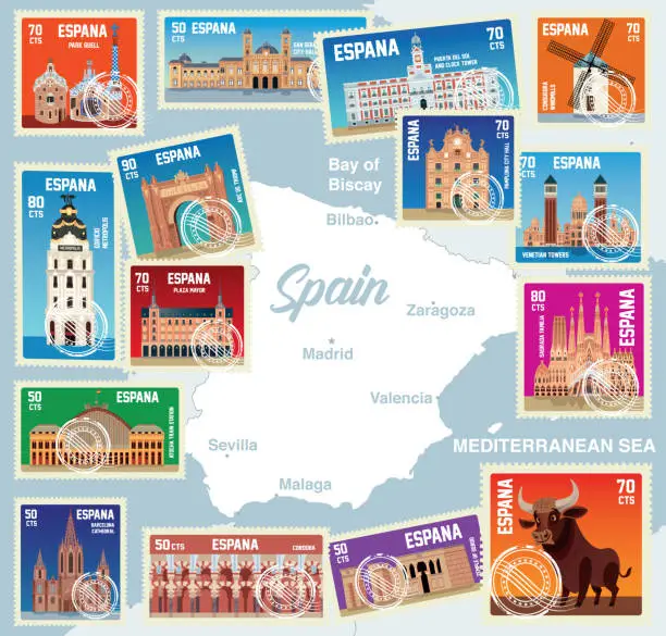 Vector illustration of Spain Stamps and Map