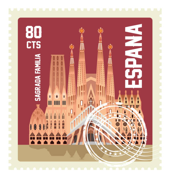 ilustraciones, imágenes clip art, dibujos animados e iconos de stock de spain stamp, sagrada familia - barcelona spain antonio gaudi sagrada familia