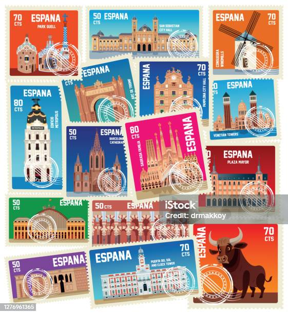 Spain Stamps Symbols - Arte vetorial de stock e mais imagens de Barcelona - Espanha - Barcelona - Espanha, Carimbo, Selo Postal