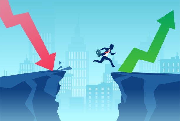 Vector of a business man jumping over a cliff to overcome financial crisis Vector of a businessman jumping over a cliff to overcome financial crisis adaptation concept stock illustrations