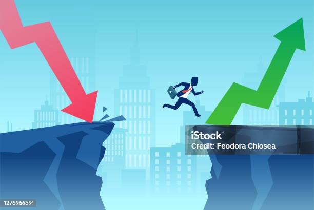 Vector Of A Business Man Jumping Over A Cliff To Overcome Financial Crisis Stock Illustration - Download Image Now