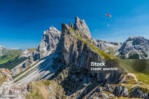 Seceda Peak Dolomites South Tyrol Italy Stock Photo - Download Image Now - Paragliding, Val Gardena, Mountain