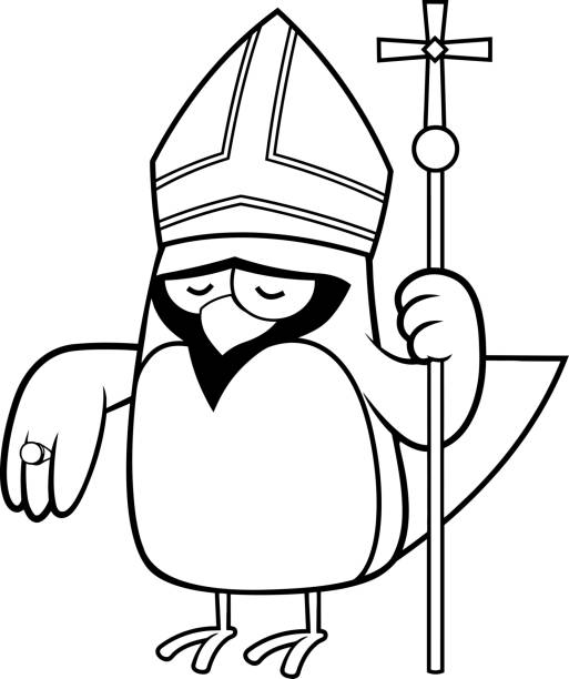 ilustrações de stock, clip art, desenhos animados e ícones de black and white cardinal bird cartoon character holds a wand with cross - 12023