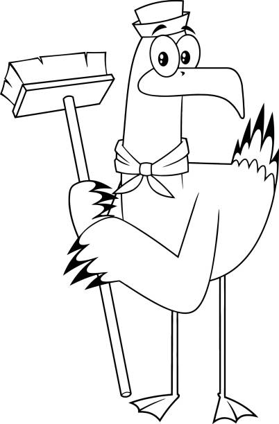 ilustrações de stock, clip art, desenhos animados e ícones de black and white seagull bird sailor cartoon character with cleaning brush - 12026