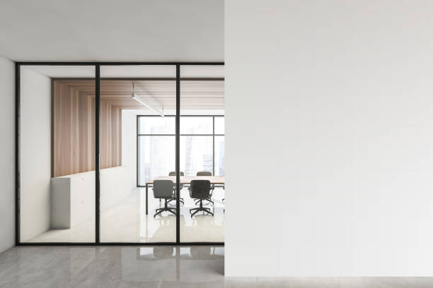 istock Wooden conference room and mock up wall 1276967110