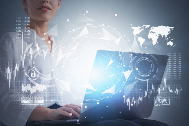 istock Woman with laptop, global network 1276968387