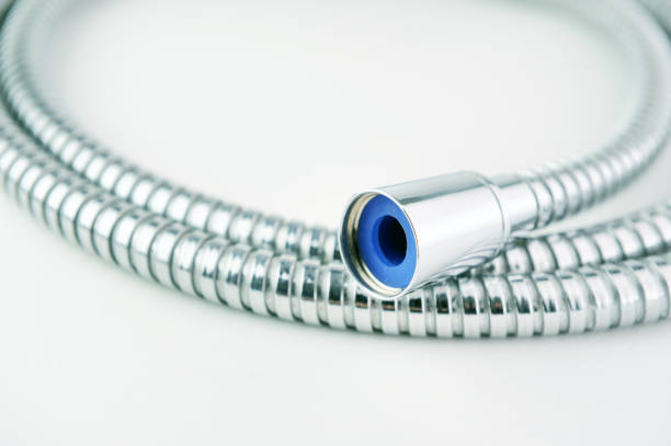 istock Shower hose silver on a white background isolation 1276968755