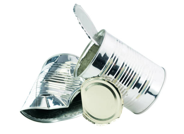 two silver tin cans on a white background - can dented canned food damaged imagens e fotografias de stock