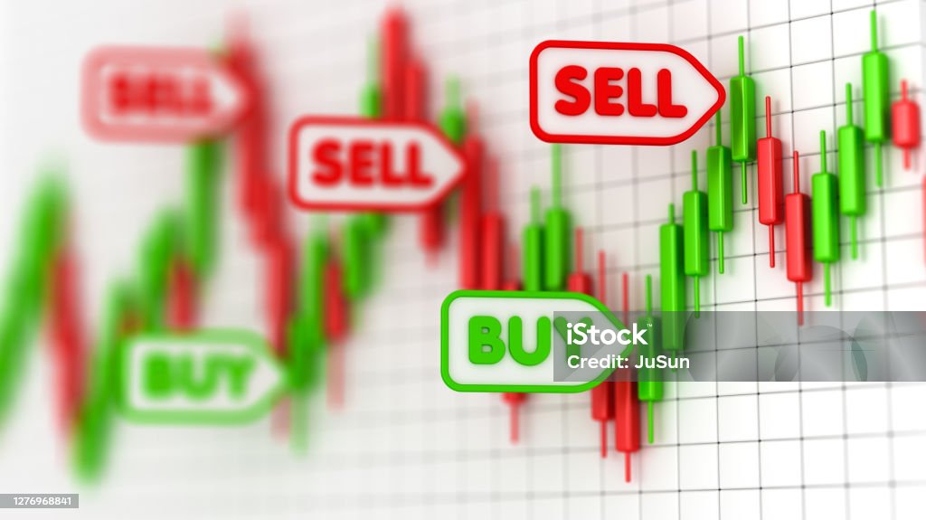 Stock market chart with green and red candles. Profit and money. Financial and business graph. Buy and sell concept. Stock market volatility 3d illustration. Bitcoin Stock Photo