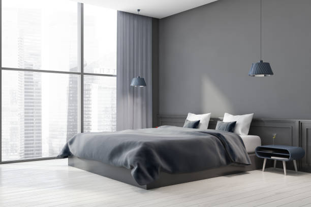 istock Grey bedroom interior with vertical poster 1276968843