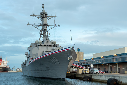 Cape Canaveral, Florida, USA - September 24, 2020: The United States Navy Destroyer USS Delbert D. Black at dock at Port Canaveral The ship was in port for a commissioning ceremony to take place at this dock, Terminal One, the following Saturday.