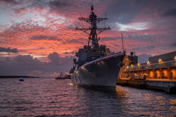 Cape Canaveral, Florida, USA - September 24, 2020: The United States Navy Destroyer USS Delbert D. Black at dock at Port Canaveral at sunrise. The ship was in port for a commissioning ceremony to take place at this dock, Terminal One, the following Saturday.