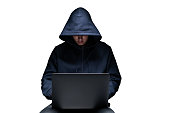 Hacker using laptop, isolated portrait