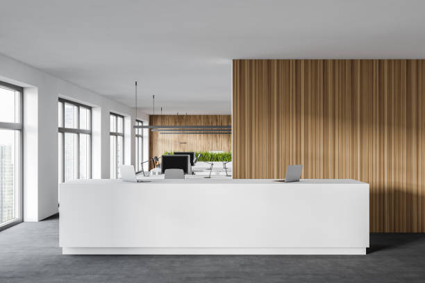 istock Wooden waiting room with reception 1276970004