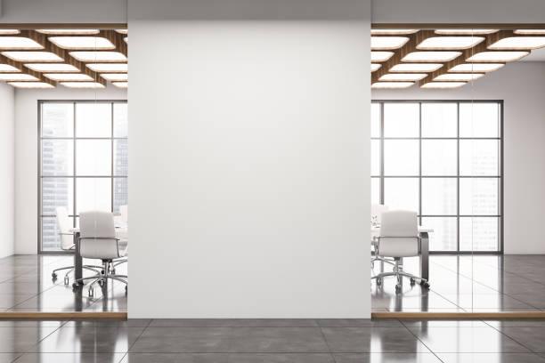 istock Panoramic meeting room with mock up wall 1276970090