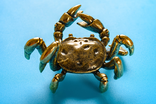 dummy crab made of brass on blue background