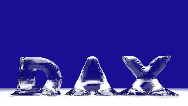 Dax index from letters with melting ice on blue background, 3D rendering